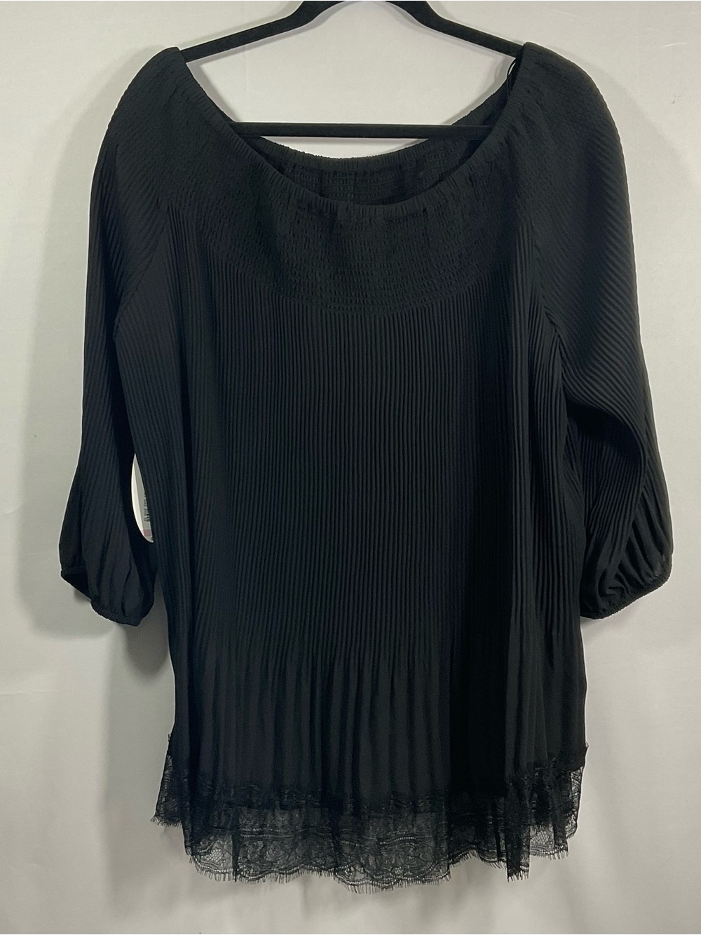 Boutique 9 Black Pleated Scoop-Neck Blouse with Lace Hem